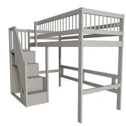 Lit enfant 90x200 cm en bois massif gris avec escalier et rangement intégré, lit pratique et solide pour enfants et adolescents><noscript><img width=
