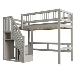 Lit enfant 90x200 cm en bois massif gris avec escalier et rangement intégré, lit pratique et solide pour enfants et adolescents><noscript><img width=