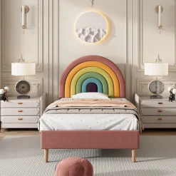 Okwish Lit enfant 90x200 cm, Lit Capitonné avec Tête de Lit Arc-en-Ciel Réglable, Revêtement en Velours Doux - Rose, Sans Matelas*Enfant Lit Enfant