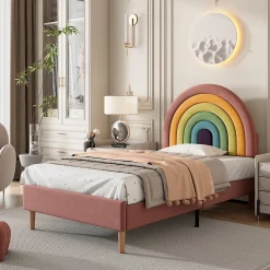 Okwish Lit enfant 90x200 cm, Lit Capitonné avec Tête de Lit Arc-en-Ciel Réglable, Revêtement en Velours Doux - Rose, Sans Matelas*Enfant Lit Enfant