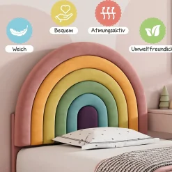 Okwish Lit enfant 90x200 cm, Lit Capitonné avec Tête de Lit Arc-en-Ciel Réglable, Revêtement en Velours Doux - Rose, Sans Matelas*Enfant Lit Enfant