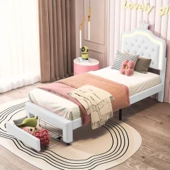 Simple Life Lit enfant 90x200 cm, lit simple avec sommier à lattes, tiroirs, LED, lit princesse avec couronne, blanc* Lit Coffre