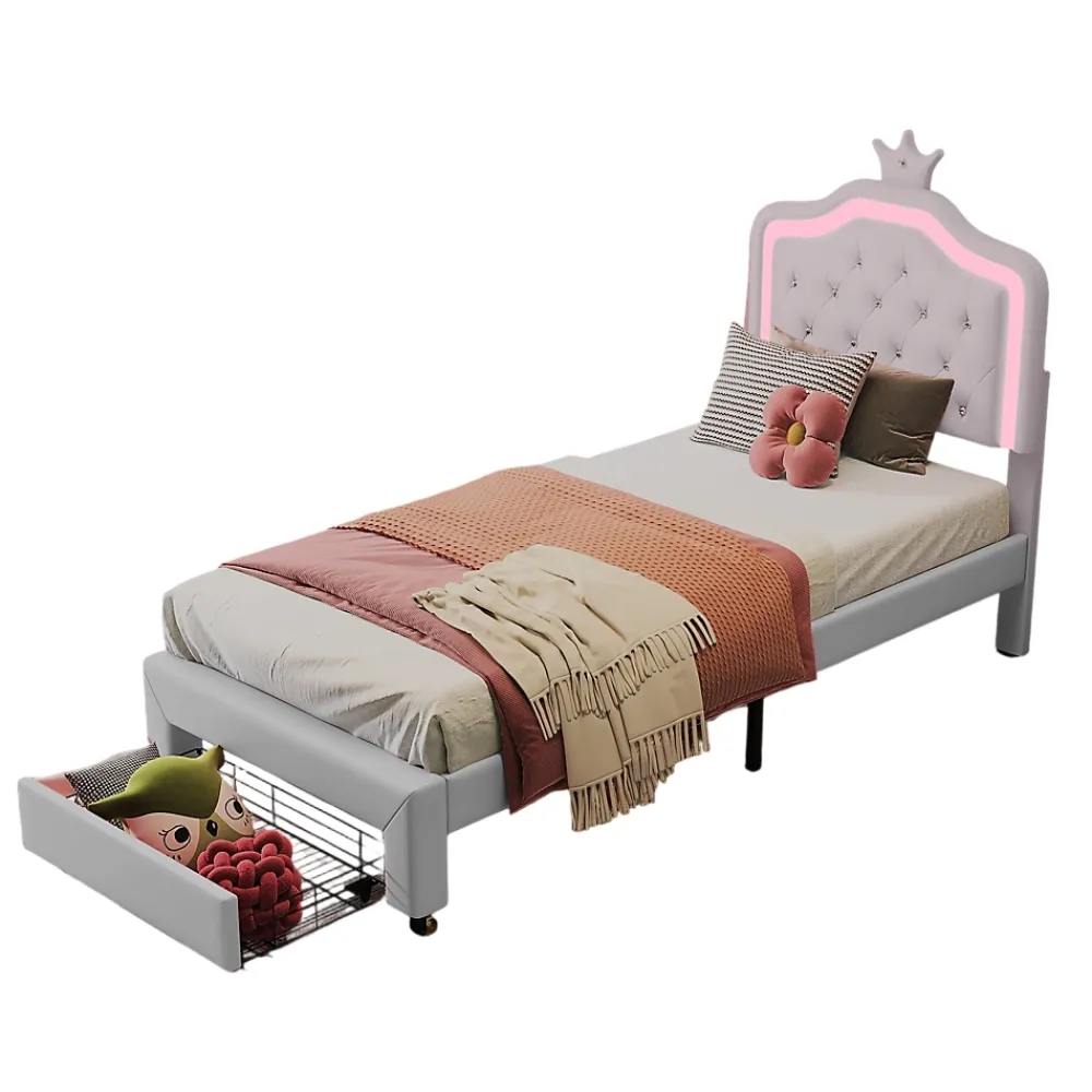 Simple Life Lit enfant 90x200 cm, lit simple avec sommier à lattes, tiroirs, LED, lit princesse avec couronne, blanc* Lit Coffre