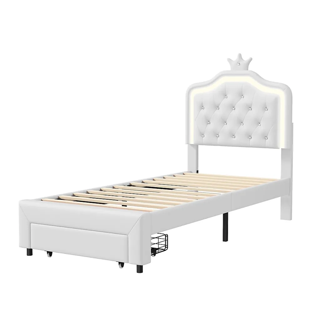 Simple Life Lit enfant 90x200 cm, lit simple avec sommier à lattes, tiroirs, LED, lit princesse avec couronne, blanc* Lit Coffre