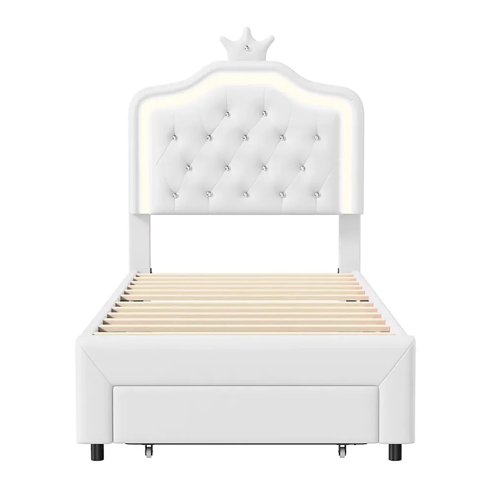 Simple Life Lit enfant 90x200 cm, lit simple avec sommier à lattes, tiroirs, LED, lit princesse avec couronne, blanc* Lit Coffre