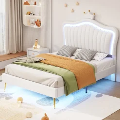 Lit enfant 90x200 cm PU blanc, cadre couronne, LED, sommier à lattes, dossier, pratique et décoratif, sans matelas>ProximaX Online