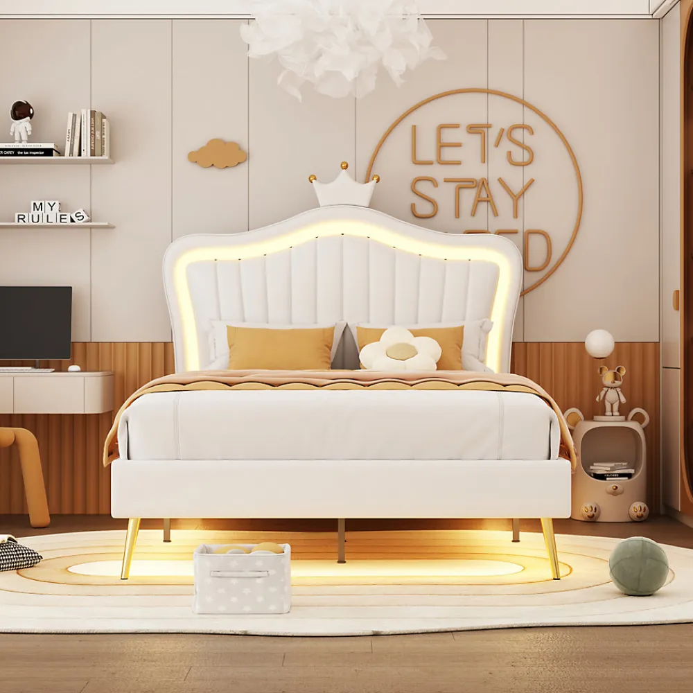Lit enfant 90x200 cm PU blanc, cadre couronne, LED, sommier à lattes, dossier, pratique et décoratif, sans matelas>ProximaX Online