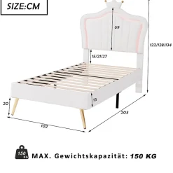 Lit enfant 90x200 cm PU blanc, cadre couronne, LED, sommier à lattes, dossier, pratique et décoratif, sans matelas><noscript><img width=