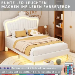 Lit enfant 90x200 cm PU blanc, cadre couronne, LED, sommier à lattes, dossier, pratique et décoratif, sans matelas><noscript><img width=