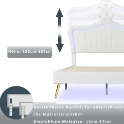 Lit enfant 90x200 cm PU blanc, cadre couronne, LED, sommier à lattes, dossier, pratique et décoratif, sans matelas><noscript><img width=