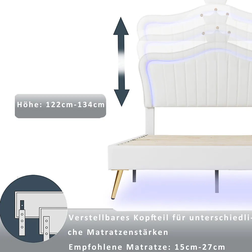 Lit enfant 90x200 cm PU blanc, cadre couronne, LED, sommier à lattes, dossier, pratique et décoratif, sans matelas>ProximaX Online