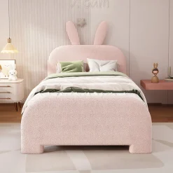 Lit enfant 90x200 cm rembourré laine rose avec tête cartoon lapin et 2 tiroirs de rangement, Pratique et ludique>ProximaX Online