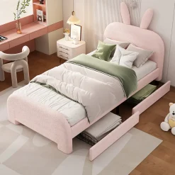 Lit enfant 90x200 cm rembourré laine rose avec tête cartoon lapin et 2 tiroirs de rangement, Pratique et ludique><noscript><img width=