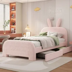 Lit enfant 90x200 cm rembourré laine rose avec tête cartoon lapin et 2 tiroirs de rangement, Pratique et ludique><noscript><img width=