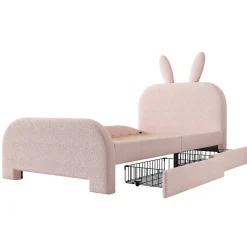 Lit enfant 90x200 cm rembourré laine rose avec tête cartoon lapin et 2 tiroirs de rangement, Pratique et ludique><noscript><img width=
