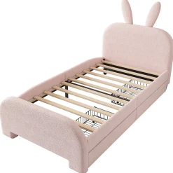 Lit enfant 90x200 cm rembourré laine rose avec tête cartoon lapin et 2 tiroirs de rangement, Pratique et ludique><noscript><img width=