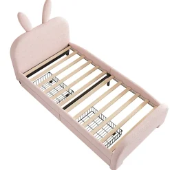 Lit enfant 90x200 cm rembourré laine rose avec tête cartoon lapin et 2 tiroirs de rangement, Pratique et ludique><noscript><img width=