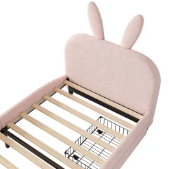 Lit enfant 90x200 cm rembourré laine rose avec tête cartoon lapin et 2 tiroirs de rangement, Pratique et ludique><noscript><img width=