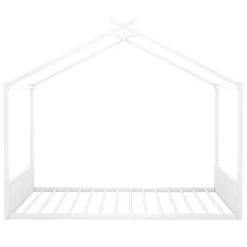 Lit enfant 140x200 cm sans matelas, cadre en métal avec tête de lit en forme de maison, confortable, blanc><noscript><img width=