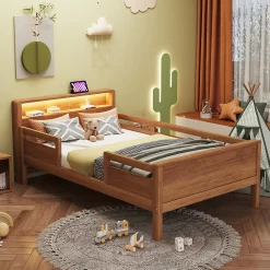 Lit enfant 90x200 cm simple avec USB/Type-C, LED et tête de lit rangement, pin massif et MDF naturel, sans matelas>Okwish