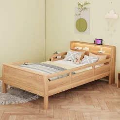 Lit enfant 90x200 cm simple avec USB/Type-C, LED et tête de lit rangement, pin massif et MDF naturel, sans matelas><noscript><img width=