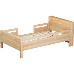 Lit enfant 90x200 cm simple avec USB/Type-C, LED et tête de lit rangement, pin massif et MDF naturel, sans matelas><noscript><img width=