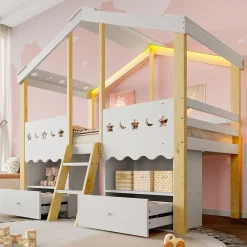 Okwish Lit enfant 90x200 cm simple mi-hauteur avec cabane, tiroirs pratiques et éclairage LED, pin+MDF blanc et bois clair*Enfant Lit Enfant