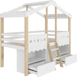 Okwish Lit enfant 90x200 cm simple mi-hauteur avec cabane, tiroirs pratiques et éclairage LED, pin+MDF blanc et bois clair*Enfant Lit Enfant