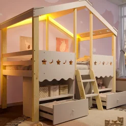 Okwish Lit enfant 90x200 cm simple mi-hauteur avec cabane, tiroirs pratiques et éclairage LED, pin+MDF blanc et bois clair*Enfant Lit Enfant