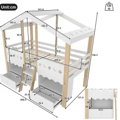 Okwish Lit enfant 90x200 cm simple mi-hauteur avec cabane, tiroirs pratiques et éclairage LED, pin+MDF blanc et bois clair*Enfant Lit Enfant