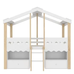 Okwish Lit enfant 90x200 cm simple mi-hauteur avec cabane, tiroirs pratiques et éclairage LED, pin+MDF blanc et bois clair*Enfant Lit Enfant