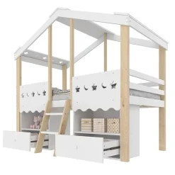 Okwish Lit enfant 90x200 cm simple mi-hauteur avec cabane, tiroirs pratiques et éclairage LED, pin+MDF blanc et bois clair*Enfant Lit Enfant