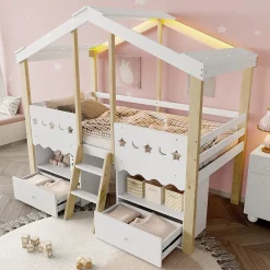 Okwish Lit enfant 90x200 cm simple mi-hauteur avec cabane, tiroirs pratiques et éclairage LED, pin+MDF blanc et bois clair*Enfant Lit Enfant