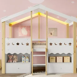 Okwish Lit enfant 90x200 cm simple mi-hauteur avec cabane, tiroirs pratiques et éclairage LED, pin+MDF blanc et bois clair*Enfant Lit Enfant