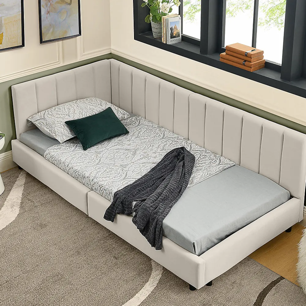 Blackcolors Lit enfant 90x200 cm, velours, dossier haut - beige* Lit Coffre