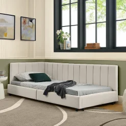 Blackcolors Lit enfant 90x200 cm, velours, dossier haut - beige* Lit Coffre