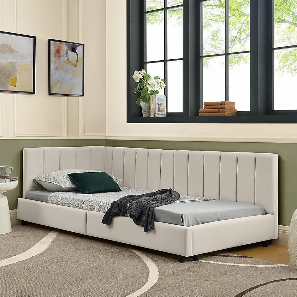 Blackcolors Lit enfant 90x200 cm, velours, dossier haut - beige* Lit Coffre