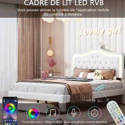 lit enfant 140x200 cm,lit simple capitonné 140 x 200 avec tiroir,LED réglable,lit princesse avec couronne,PU,blanc>Generique New