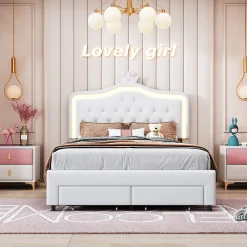 lit enfant 140x200 cm,lit simple capitonné 140 x 200 avec tiroir,LED réglable,lit princesse avec couronne,PU,blanc>Generique New