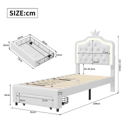 Generique lit enfant 90x200 cm,lit simple capitonné 90 x 200 avec tiroir,LED réglable,lit princesse avec couronne,PU,blanc* Lit Simple
