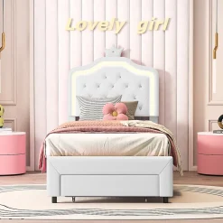 Generique lit enfant 90x200 cm,lit simple capitonné 90 x 200 avec tiroir,LED réglable,lit princesse avec couronne,PU,blanc* Lit Simple