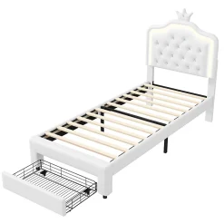 Generique lit enfant 90x200 cm,lit simple capitonné 90 x 200 avec tiroir,LED réglable,lit princesse avec couronne,PU,blanc* Lit Simple
