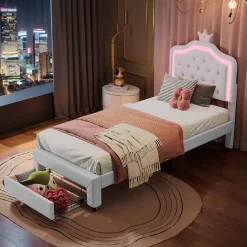 Generique lit enfant 90x200 cm,lit simple capitonné 90 x 200 avec tiroir,LED réglable,lit princesse avec couronne,PU,blanc* Lit Simple