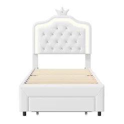 Generique lit enfant 90x200 cm,lit simple capitonné 90 x 200 avec tiroir,LED réglable,lit princesse avec couronne,PU,blanc* Lit Simple