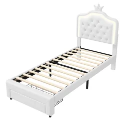 Generique lit enfant 90x200 cm,lit simple capitonné 90 x 200 avec tiroir,LED réglable,lit princesse avec couronne,PU,blanc* Lit Simple