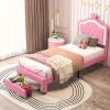 lit enfant 90x200 cm,lit simple capitonné 90 x 200 avec tiroir,LED réglable,lit princesse avec couronne,PU,ROSE>ProximaX Sale