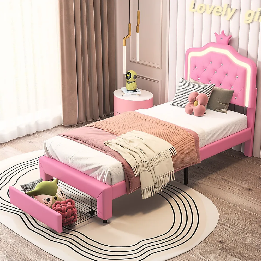lit enfant 90x200 cm,lit simple capitonné 90 x 200 avec tiroir,LED réglable,lit princesse avec couronne,PU,ROSE>ProximaX Sale
