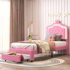 lit enfant 90x200 cm,lit simple capitonné 90 x 200 avec tiroir,LED réglable,lit princesse avec couronne,PU,ROSE>ProximaX Sale