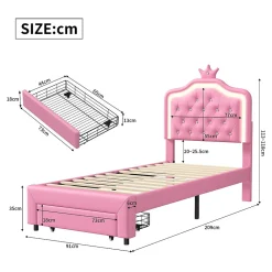 lit enfant 90x200 cm,lit simple capitonné 90 x 200 avec tiroir,LED réglable,lit princesse avec couronne,PU,ROSE><noscript><img width=