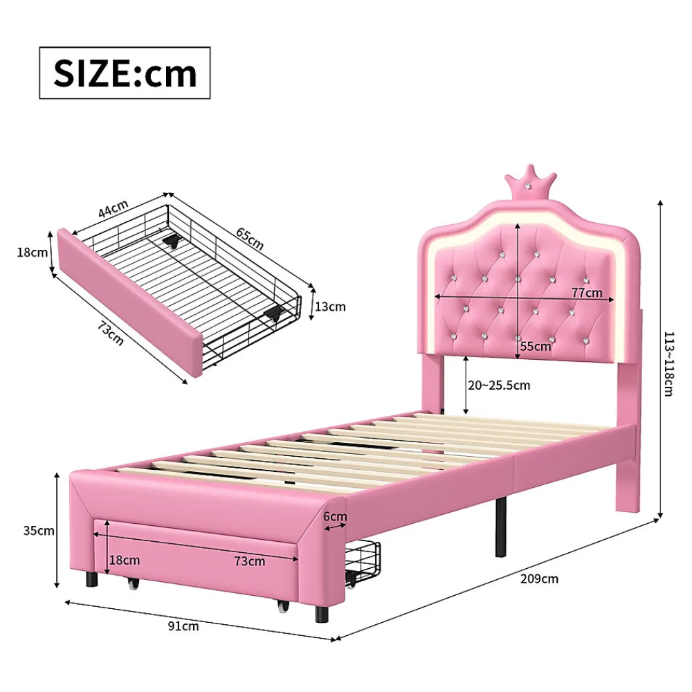 lit enfant 90x200 cm,lit simple capitonné 90 x 200 avec tiroir,LED réglable,lit princesse avec couronne,PU,ROSE>ProximaX Sale